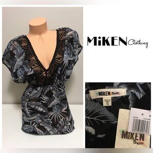 🆕MIKEN SWIM - XS - NWT - PALM LEAF PRINT CROCHET KAFTAN / COVER UP